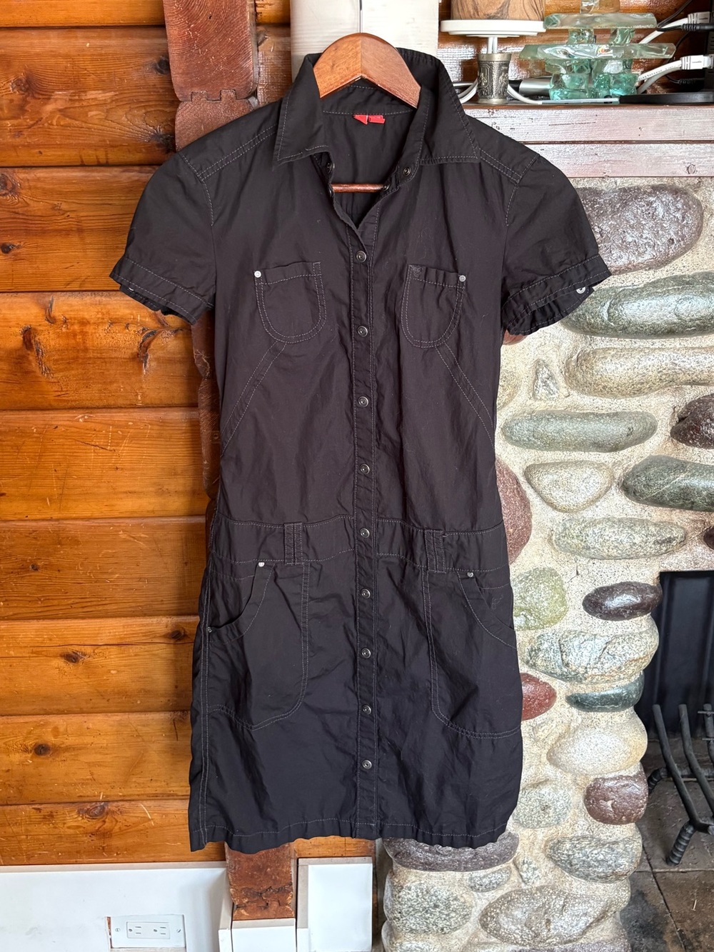 Esprit Black Y2K Utility Shirt Dress Snap Front Pockets Size 2 Old Money Luxury